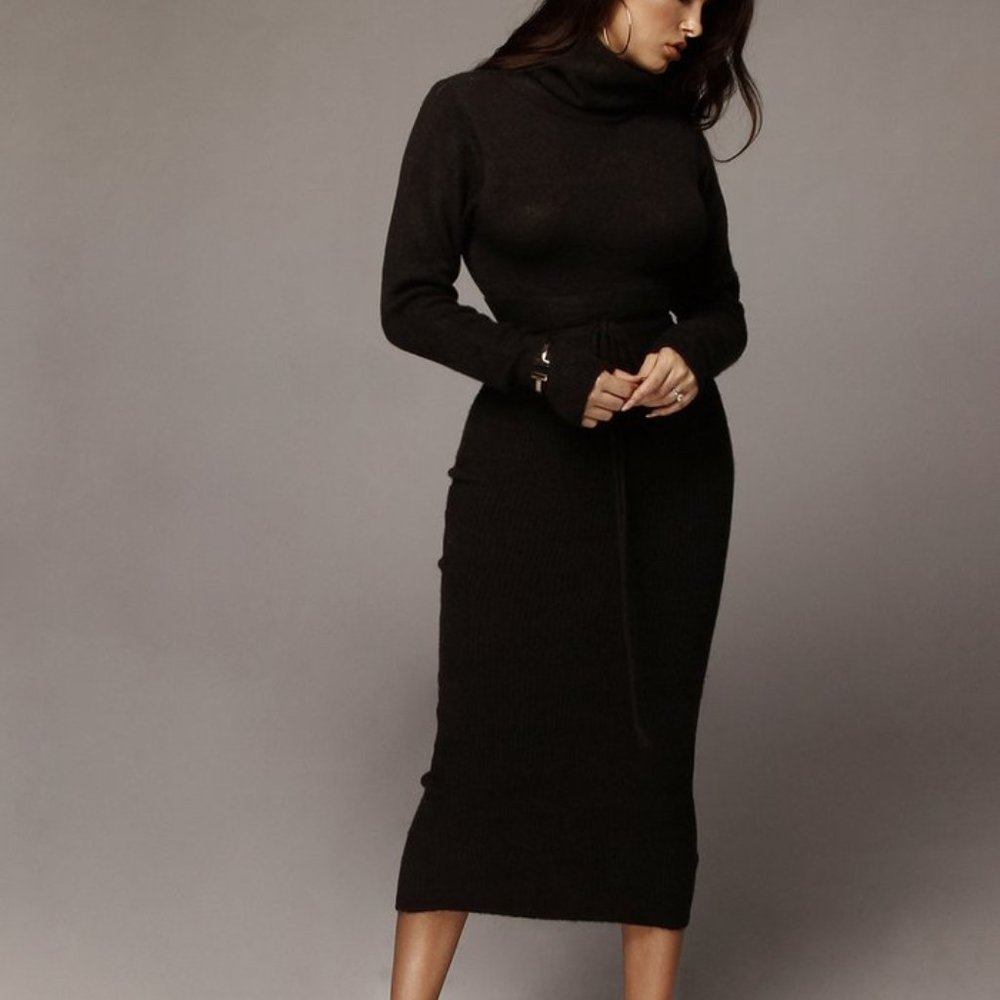 JLUXLABEL BLACK AUBREY TURTLENECK SWEATER DRESS